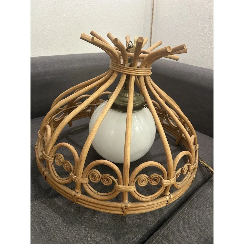 Vintage Rattan Bamboo Wicker Pendant Light Boho Hanging Ceiling Lamp MCM WORKS!